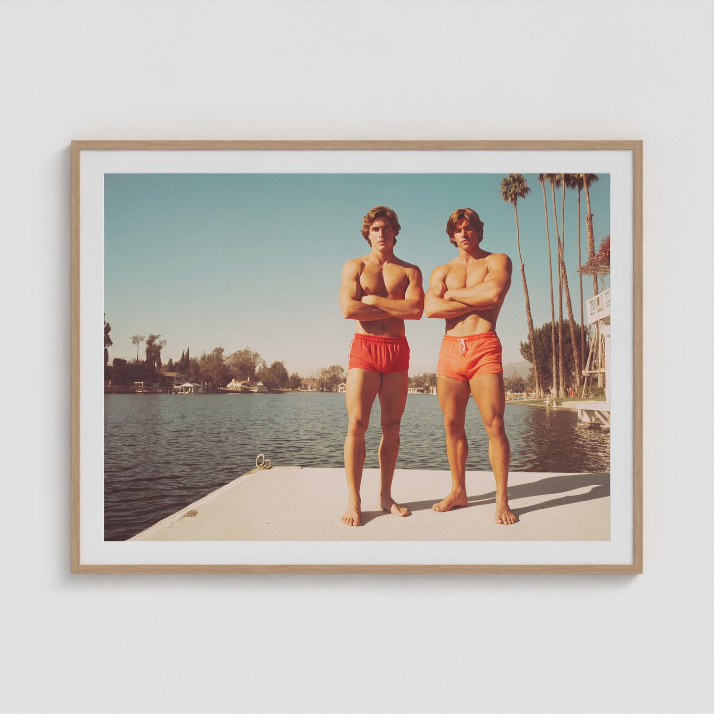 Retro Lakeside Portrait with Sunlit Concrete Dock 48x36 Natural Box Frame Mockup