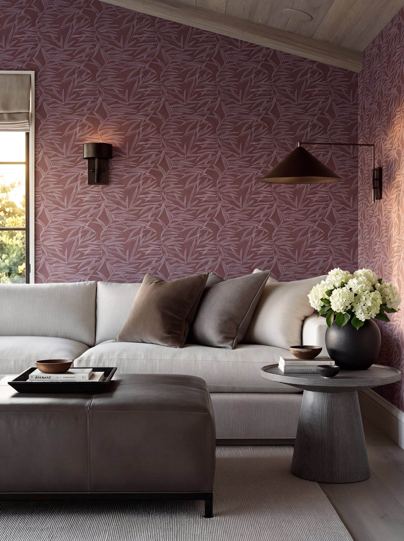 Botanical Bamboo wallpaper in the rich, earthy Ruby colorway.