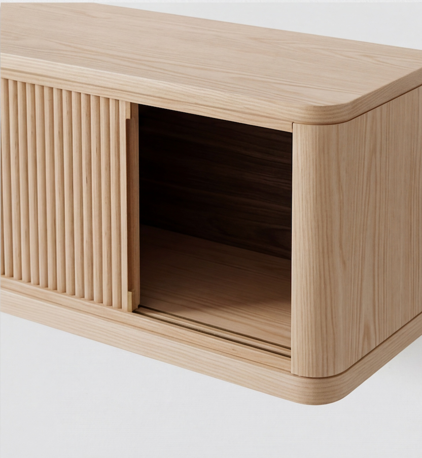 Side perspective highlighting the slim wall-mounted profile of the custom wood console.