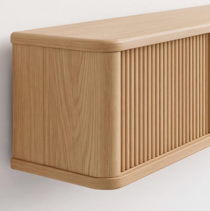 Front view of a minimalist floating console displaying clean joints and rich grain pattern.