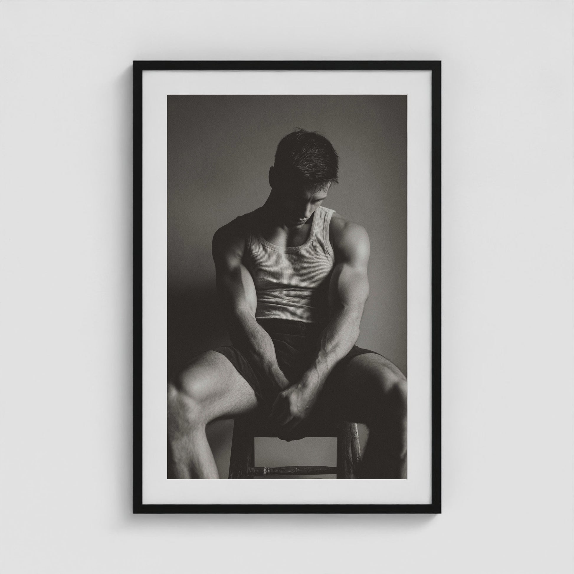 Detailed view of the sunlit denim portrait artwork in a twenty-four by thirty-six black frame.