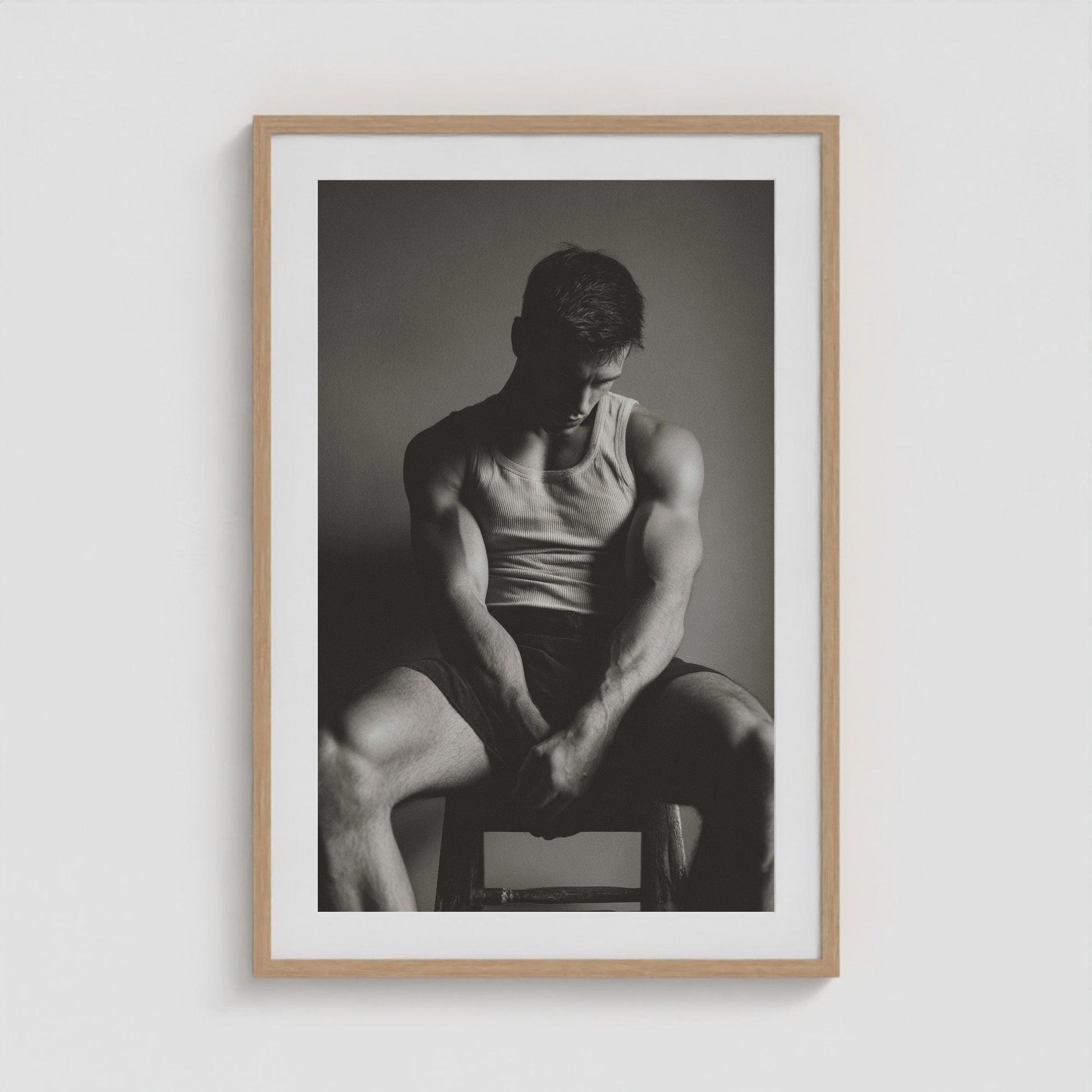 Detailed view of the sunlit denim portrait artwork in a twenty-four by thirty-six natural wood frame.
