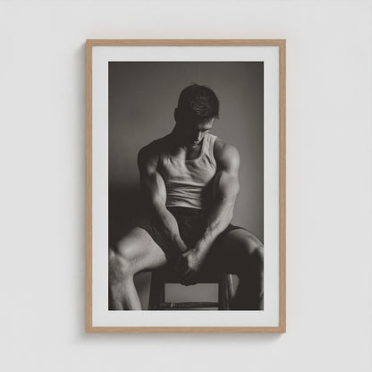 Detailed view of the sunlit denim portrait artwork in a twenty-four by thirty-six natural wood frame.