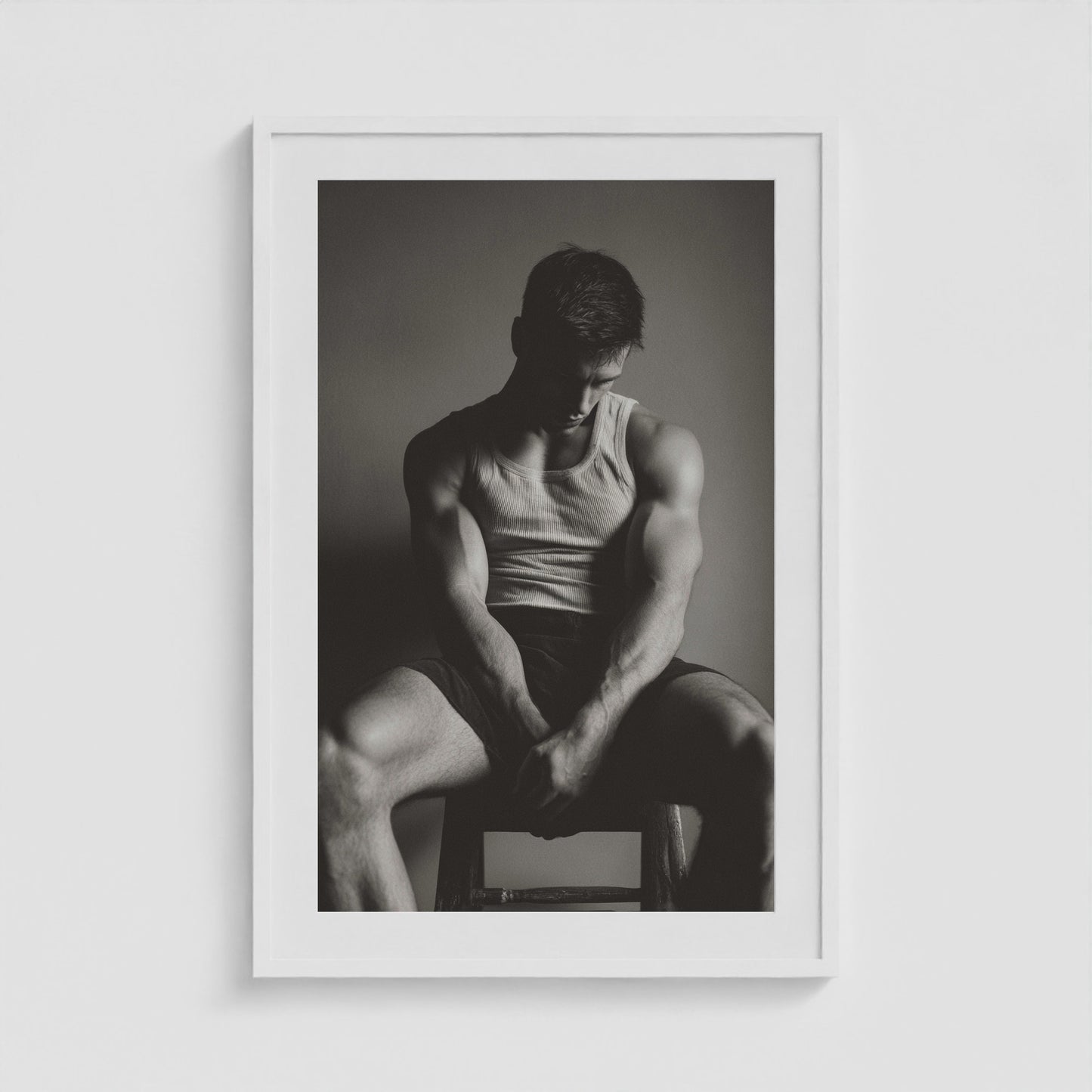 Detailed view of the sunlit denim portrait artwork in a twenty-four by thirty-six white frame.