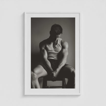 Detailed view of the sunlit denim portrait artwork in a twenty-four by thirty-six white frame.