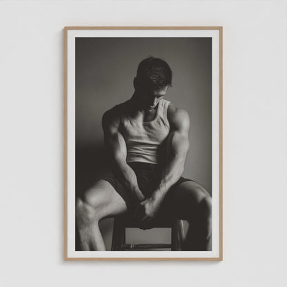 Sunlit denim male portrait study, shown in a large forty by sixty natural wood box frame.