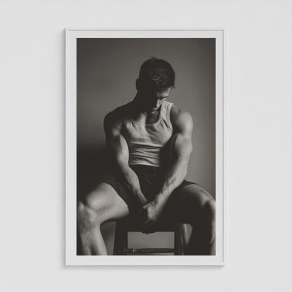 Atmospheric sunlit male portrait print in a forty by sixty white gallery frame.