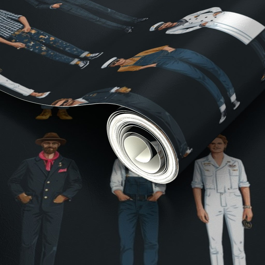 Luminous silver metallic wallpaper with the stylized vintage menswear print