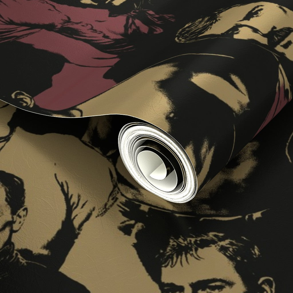 Detail of shimmering silver metallic paper printed with dapper gentleman figures