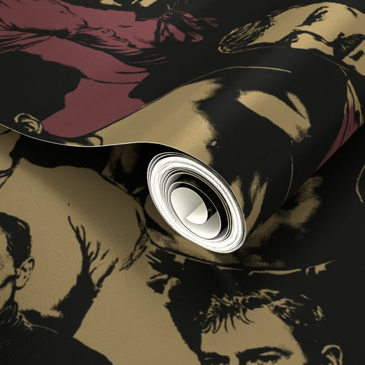 Detail of shimmering silver metallic paper printed with dapper gentleman figures