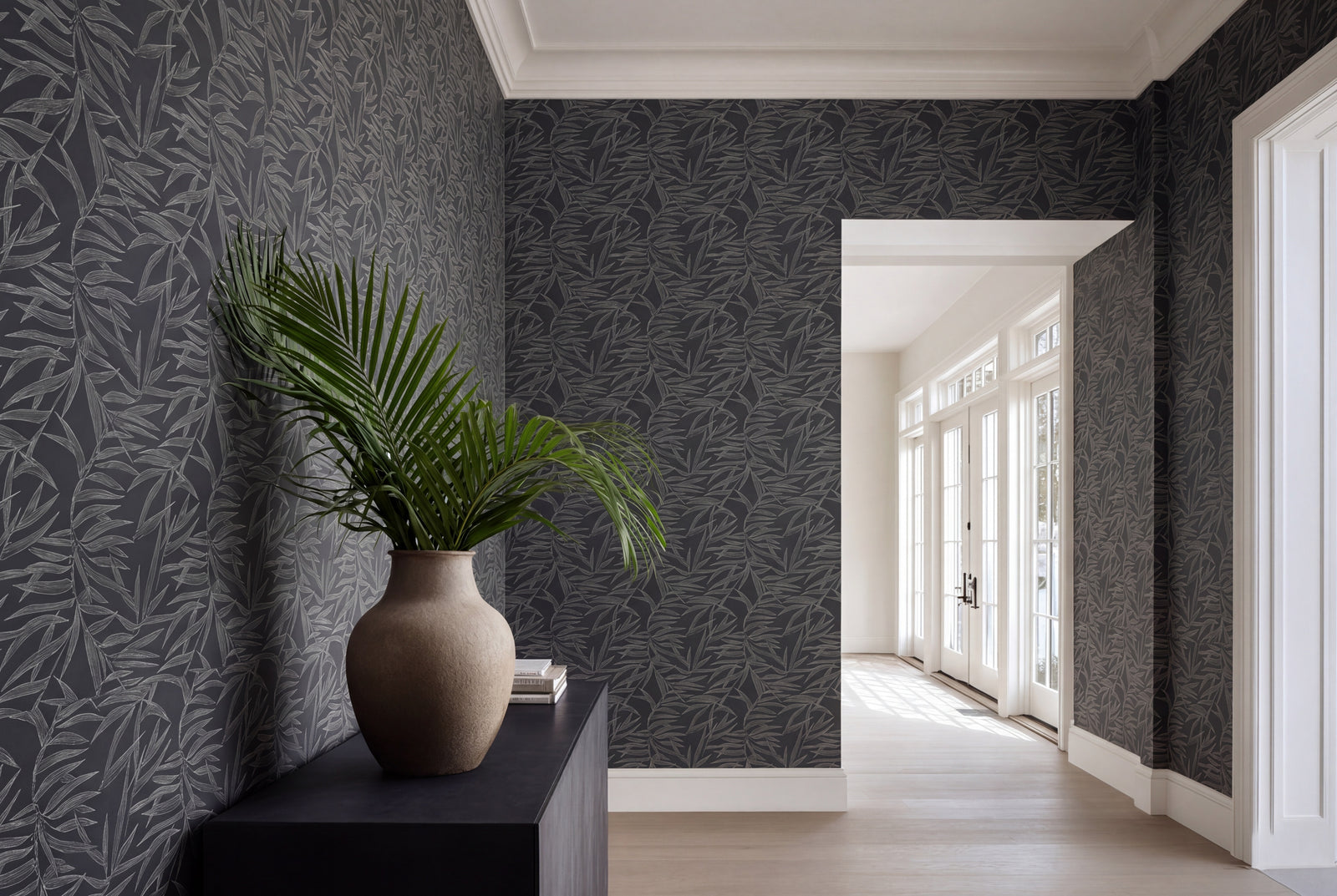 Botanical bamboo pattern wallpaper in Smoke charcoal colorway.