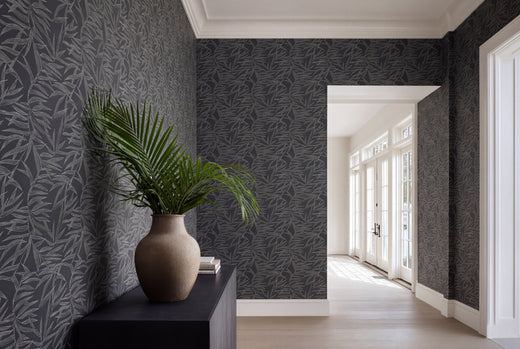 Botanical bamboo pattern wallpaper in Smoke charcoal colorway.