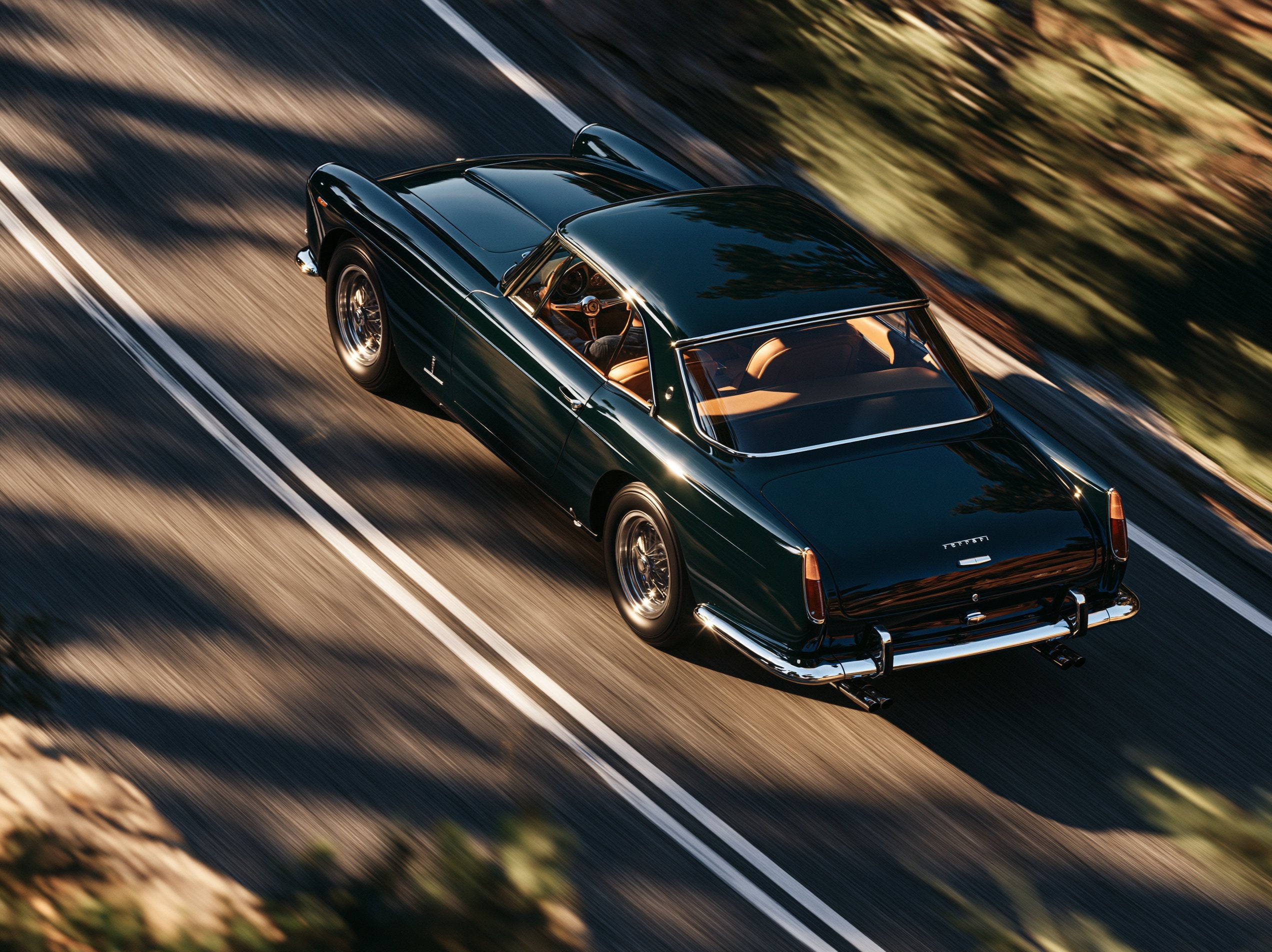 High-resolution framed view of Ferrari 250 GT, Verde Scuro - Raw Artwork