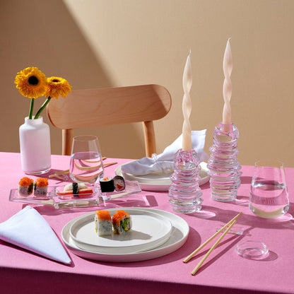 Opal white Mini Magnolia vase styled on an elegant dining tablescape with glassware.