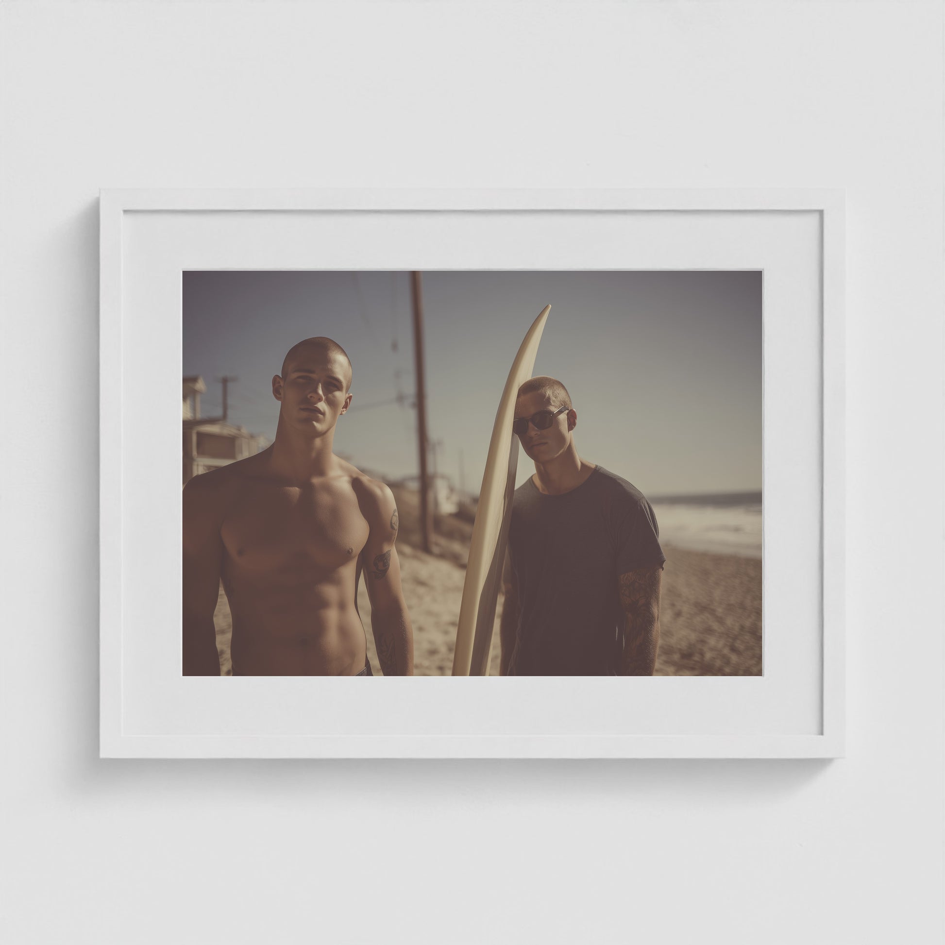 Surf Boys and Board 24x18 White Landscape Box Frame