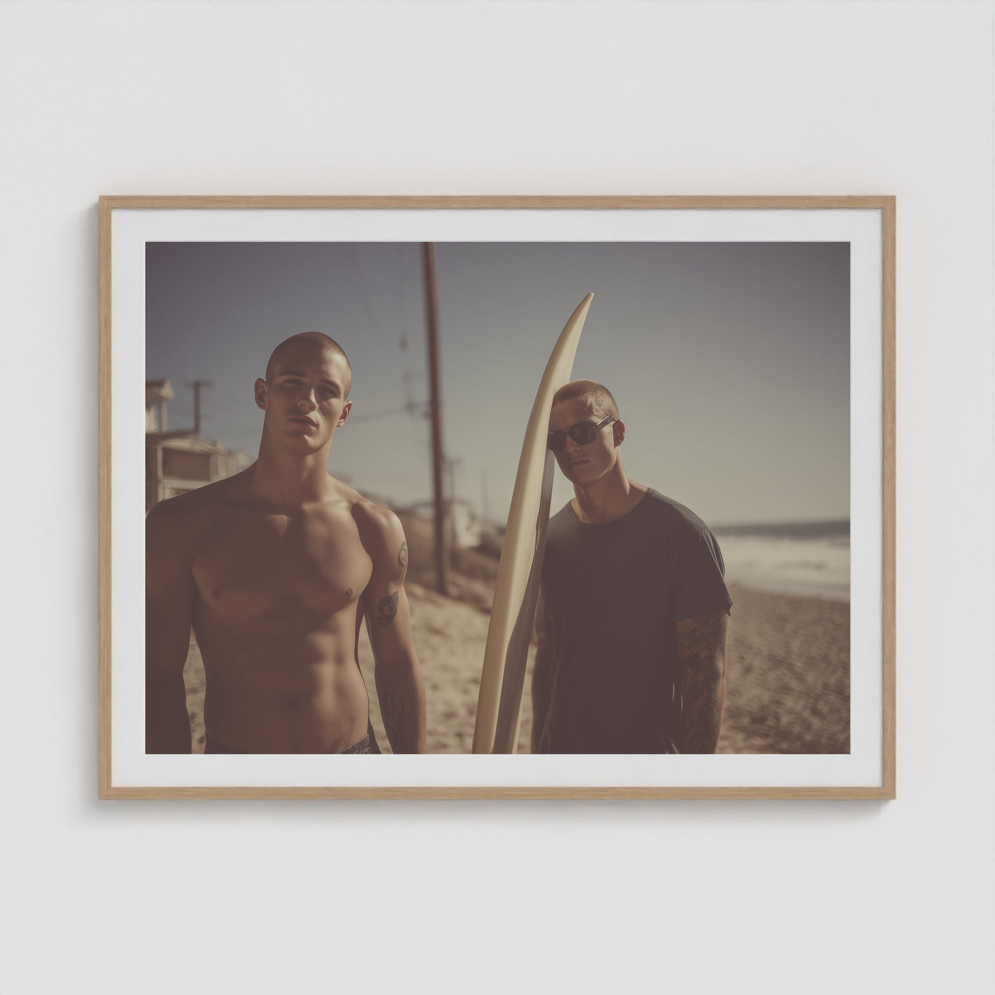 Surf Boys and Board 48x36 Natural Landscape Box Frame