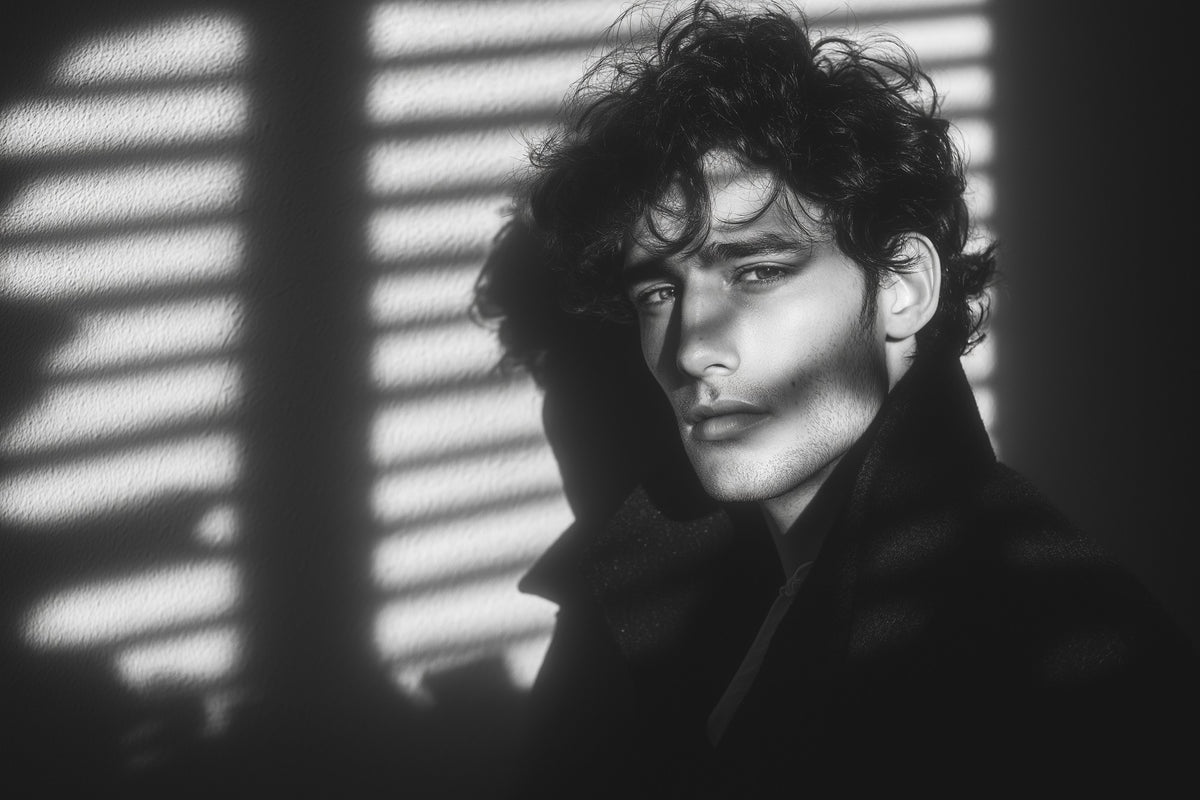 Monochrome fine art print of a young man with dramatic shadow lines across his face, in high-contrast light.
