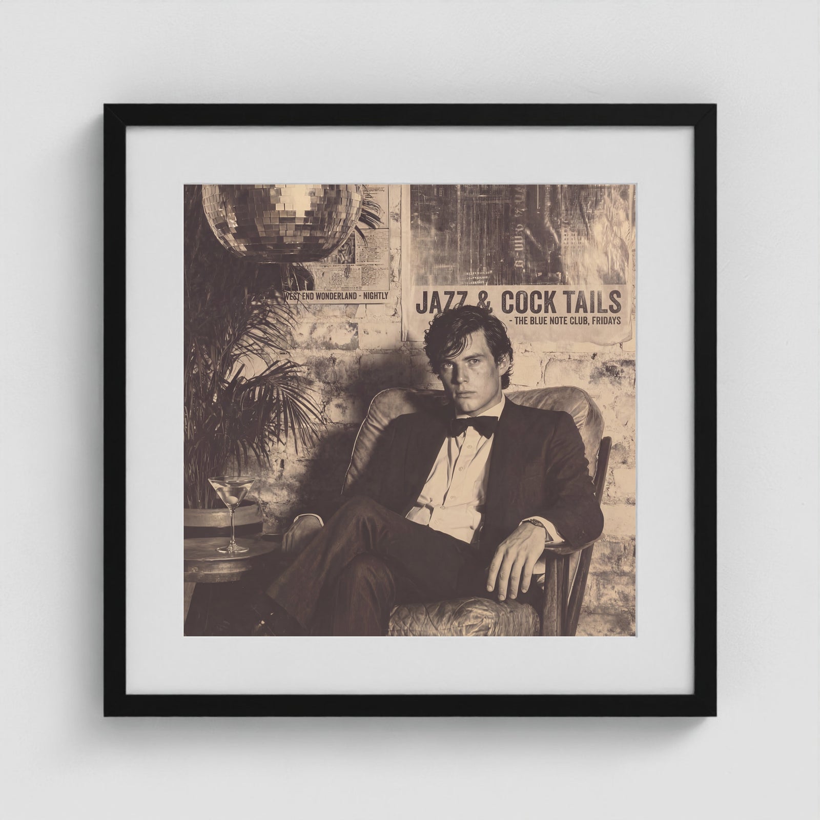 Tuxedo Portrait Under Disco Ball in Monochrome Tones 20x20 Black Square Box Frame