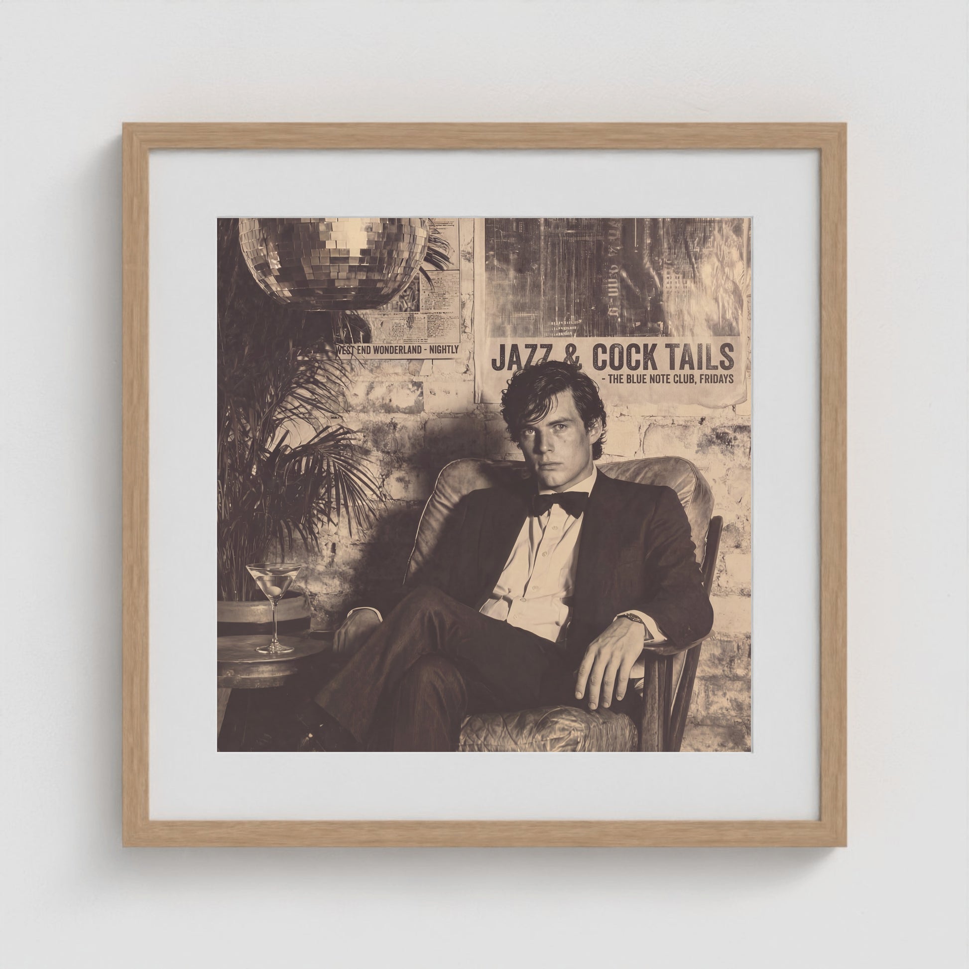 Tuxedo Portrait Under Disco Ball in Monochrome Tones 20x20 Natural Square Box Frame
