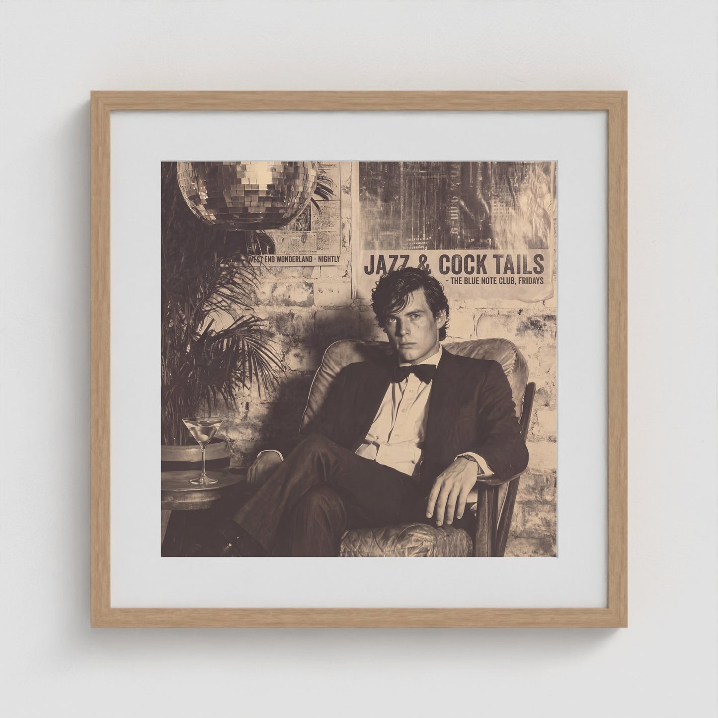 Tuxedo Portrait Under Disco Ball in Monochrome Tones 20x20 Natural Square Box Frame