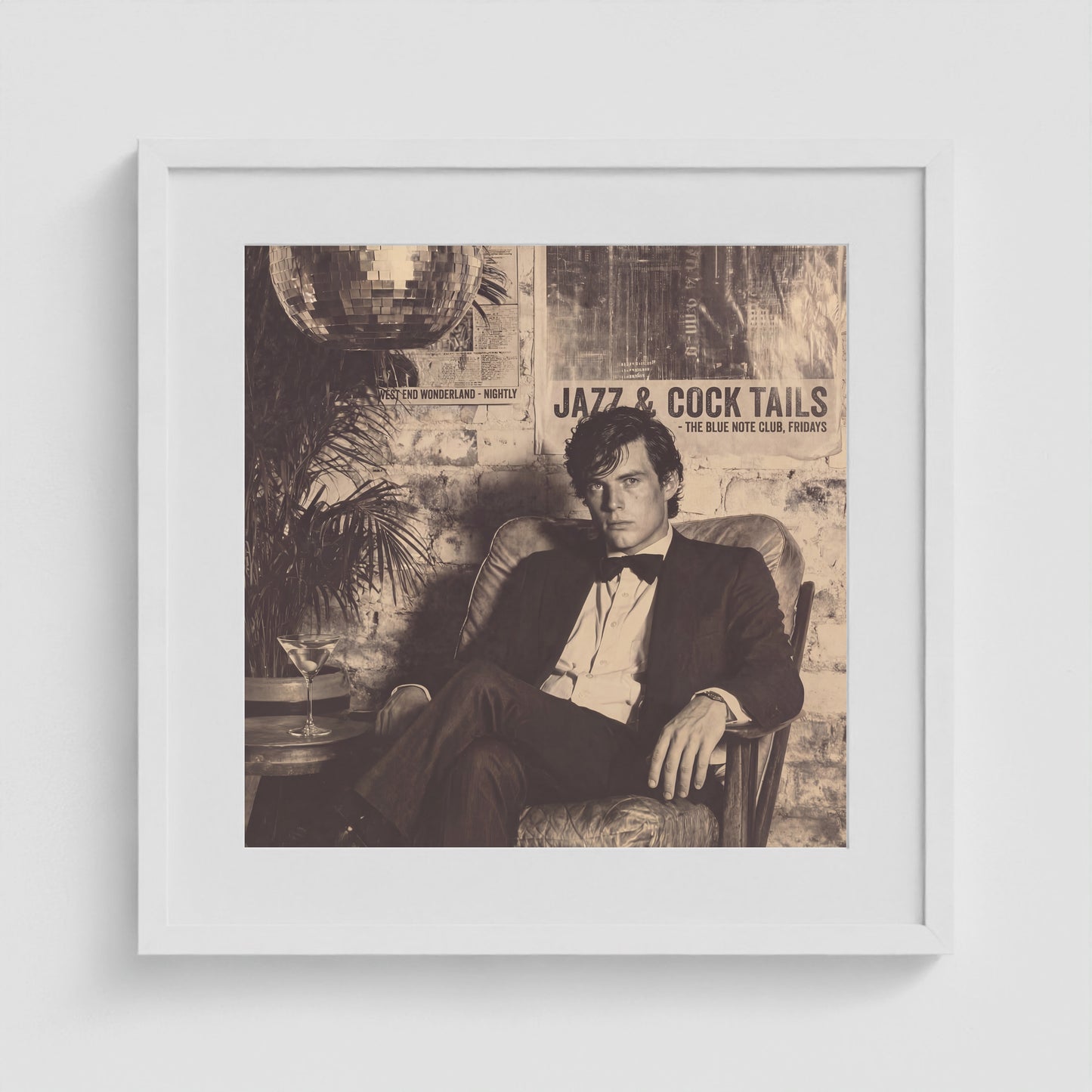 Tuxedo Portrait Under Disco Ball in Monochrome Tones 20x20 White Square Box Frame