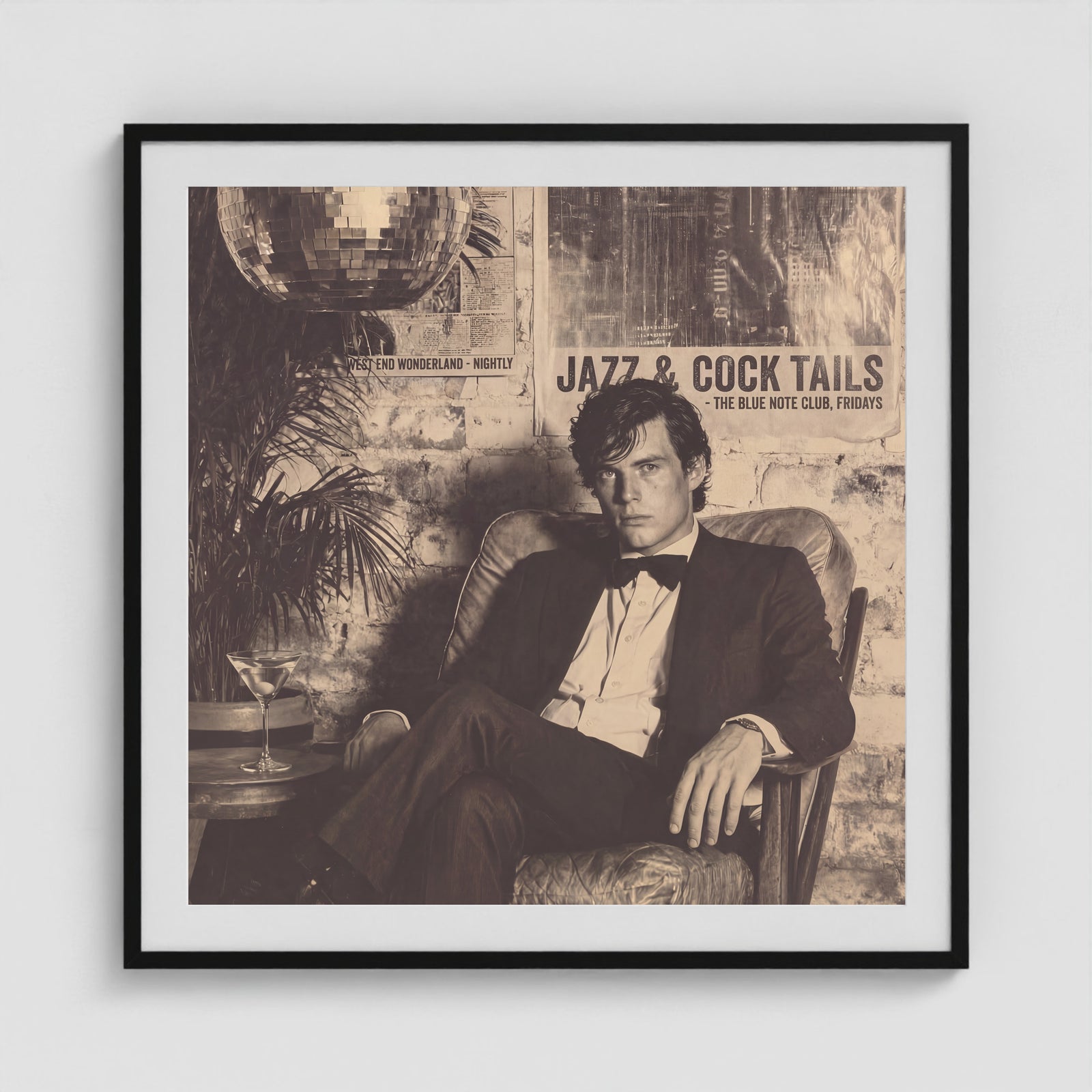 Tuxedo Portrait Under Disco Ball in Monochrome Tones 36x36 Black Square Box Frame