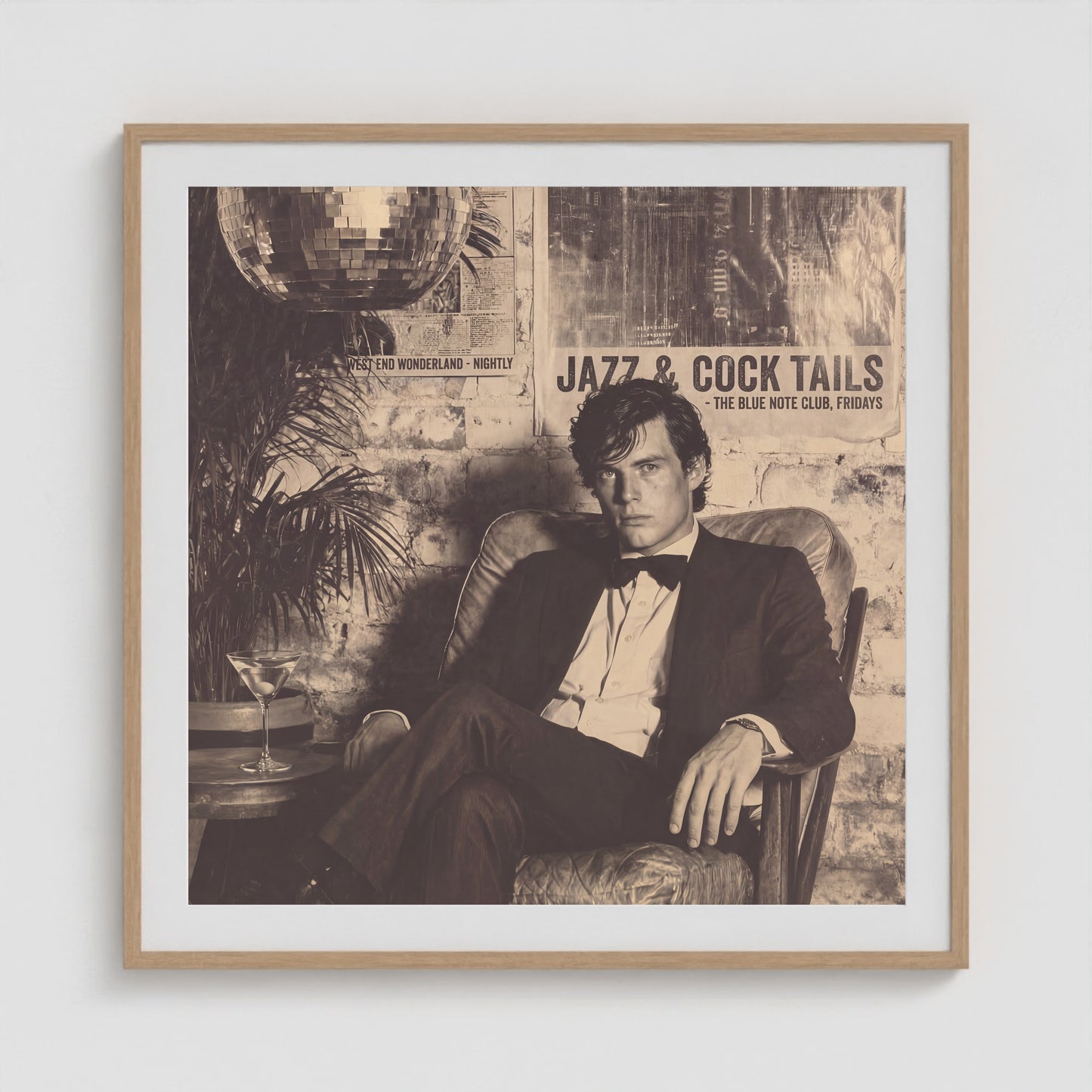 Tuxedo Portrait Under Disco Ball in Monochrome Tones 36x36 Natural Square Box Frame