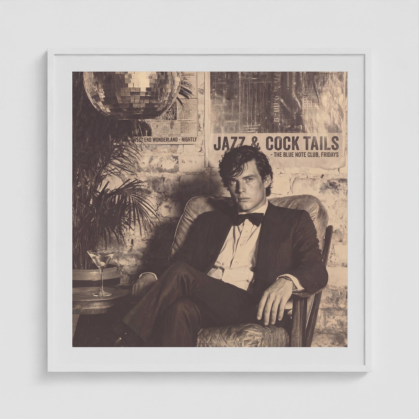 Tuxedo Portrait Under Disco Ball in Monochrome Tones 36x36 White Square Box Frame