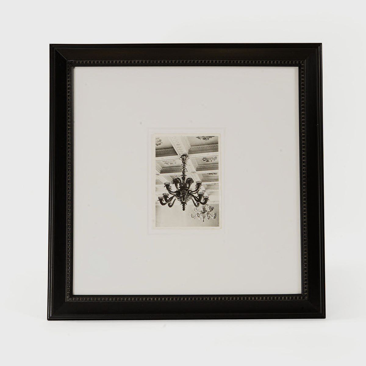 Product shot of Vintage Black and White Photograph - Rococo- Revivial Chandelier Under a Beaux-Arts Coffered Ceiling - Luxury Artwork | Provenance & Patina