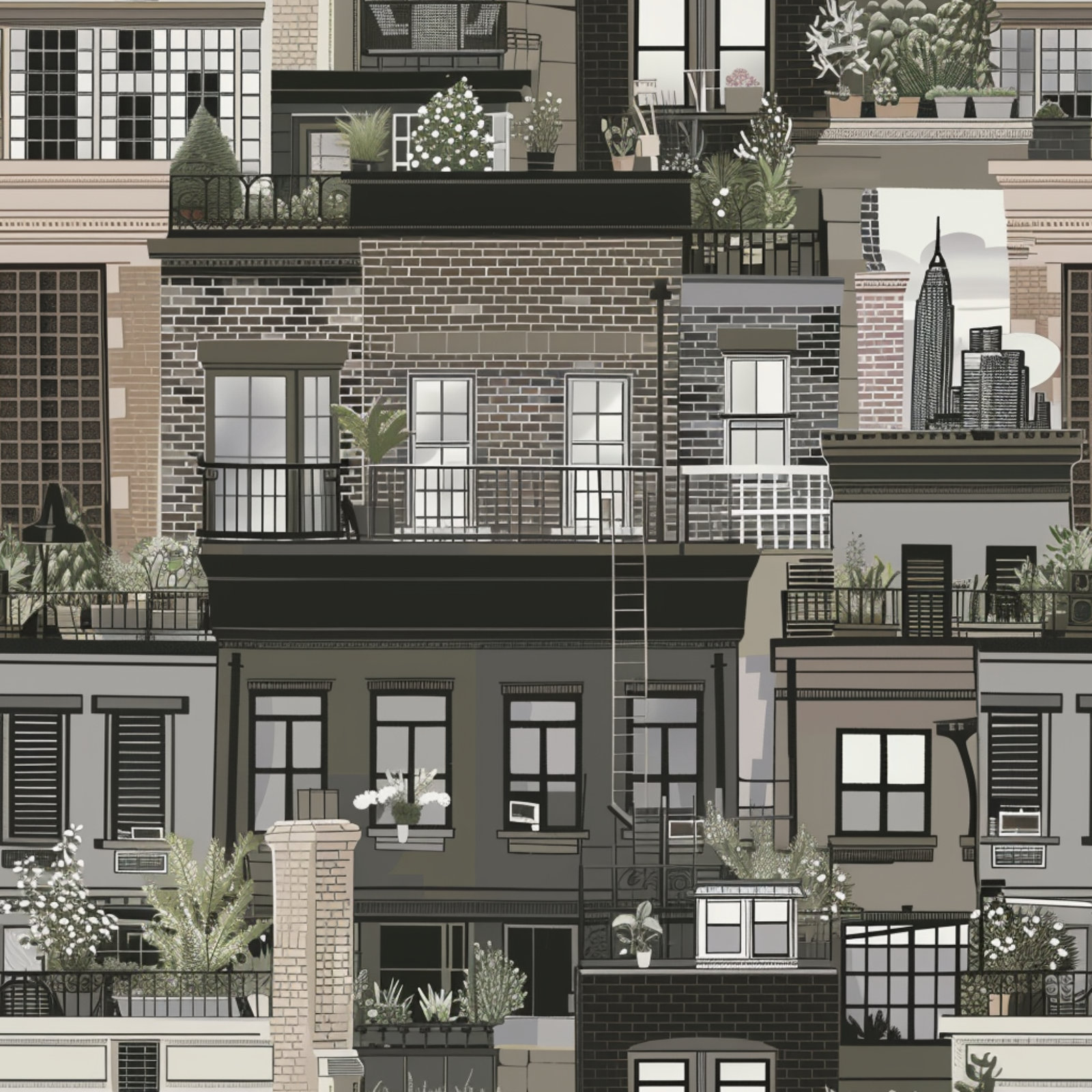 Styled home interior displaying the Earth tones West Village Rooftops wallpaper.