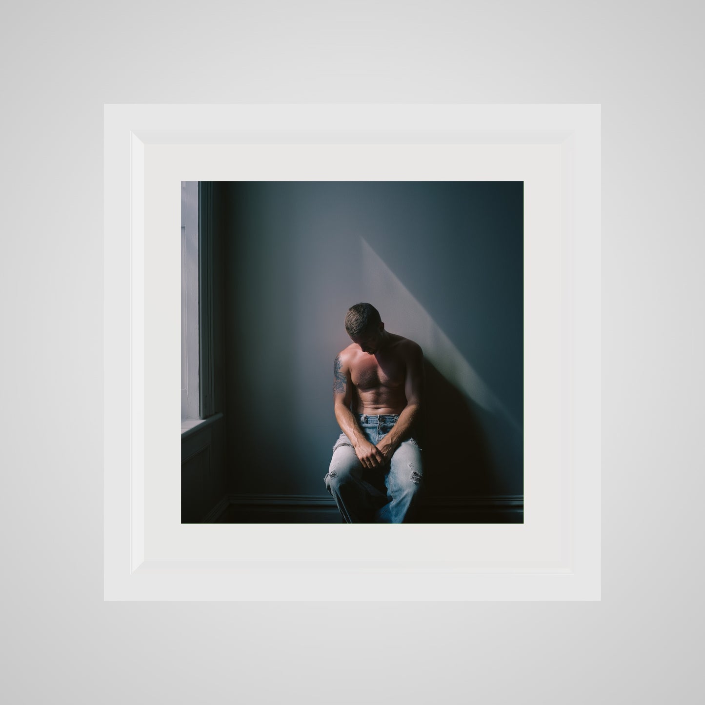 Front view of Contemplative Male Portrait Art Print in a 16x16 deep white square spacer frame