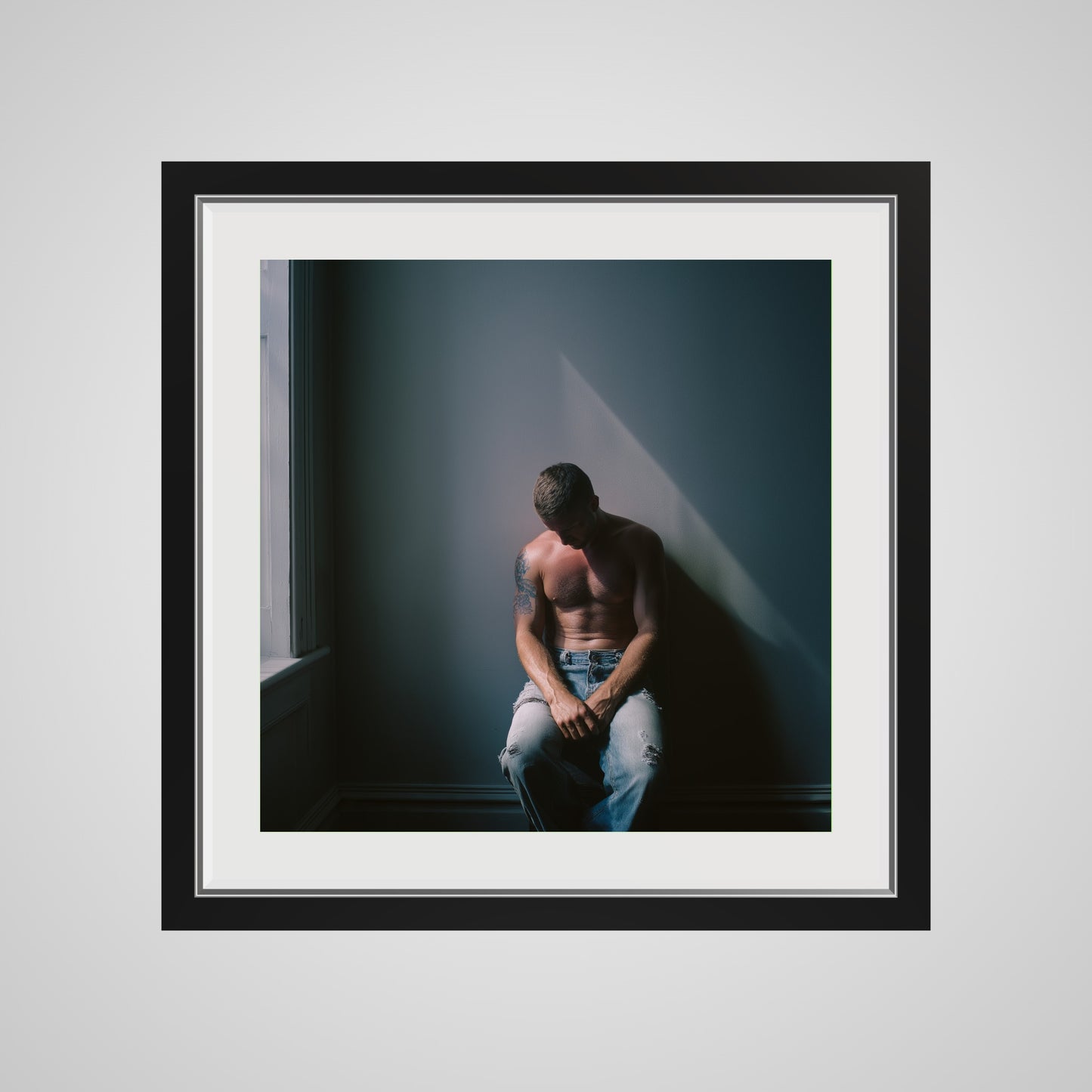 Front view of Contemplative Male Portrait Art Print in a 20x20 deep black square spacer frame
