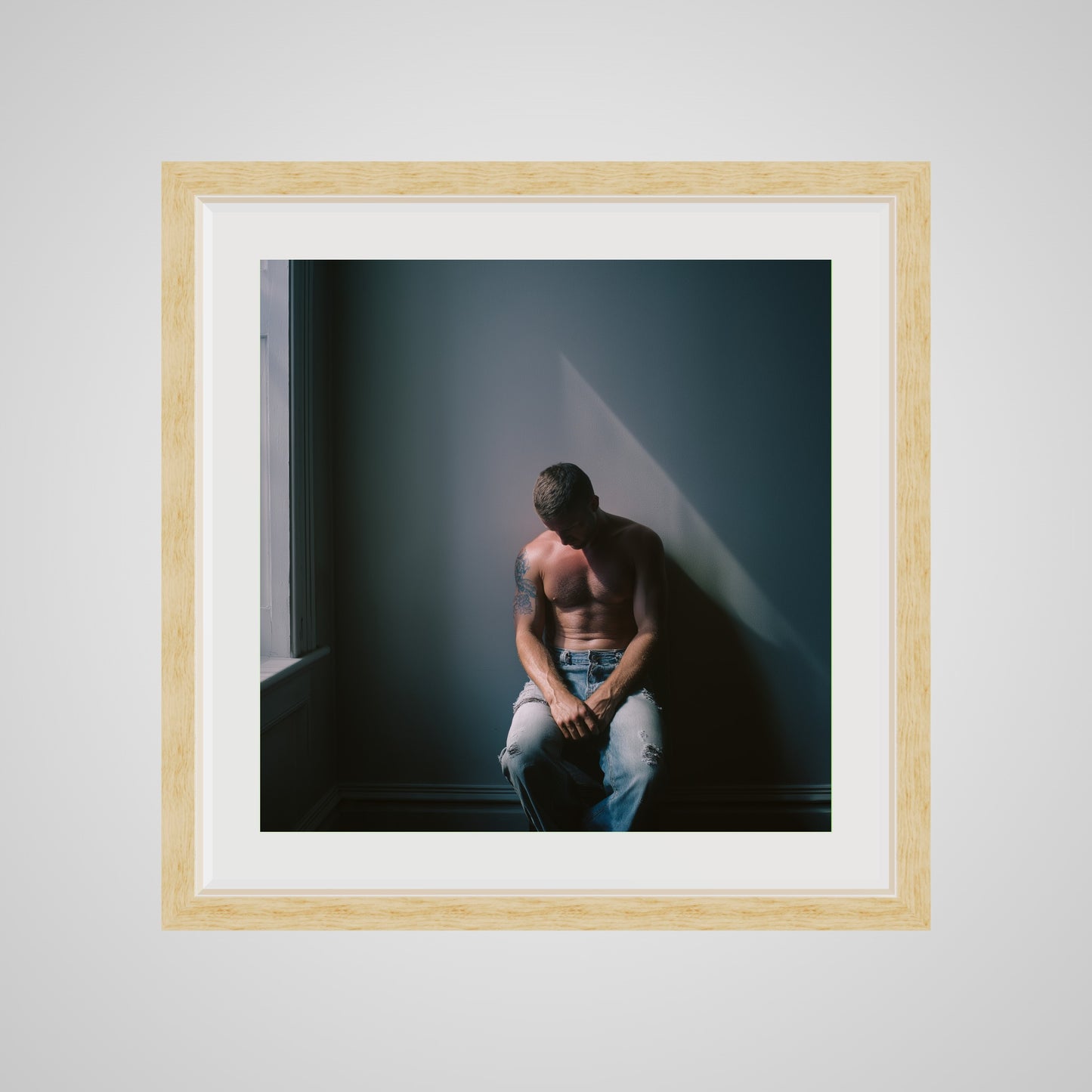 Front view of Contemplative Male Portrait Art Print in a 20x20 deep natural square spacer frame