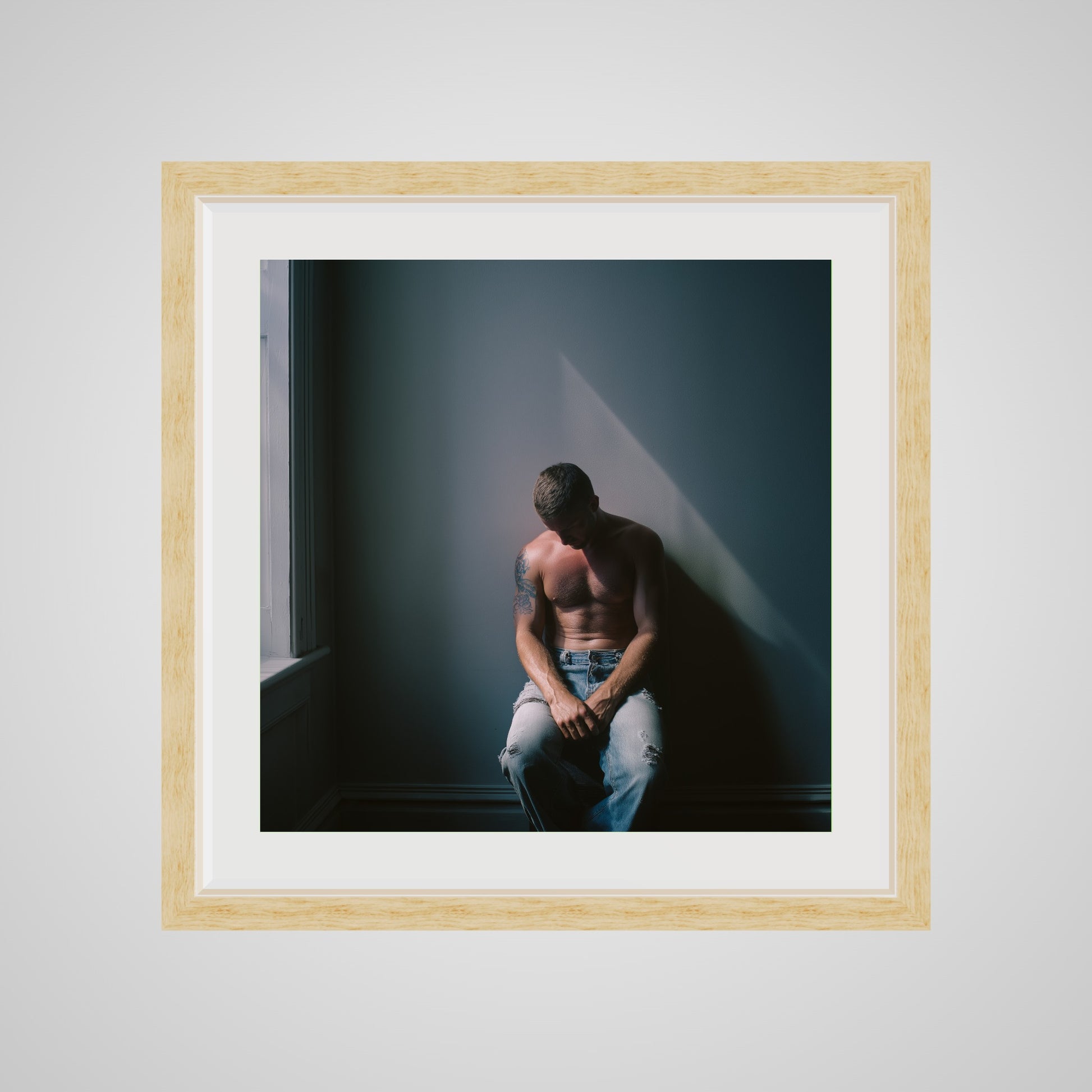 Front view of Contemplative Male Portrait Art Print in a 20x20 deep natural square spacer frame
