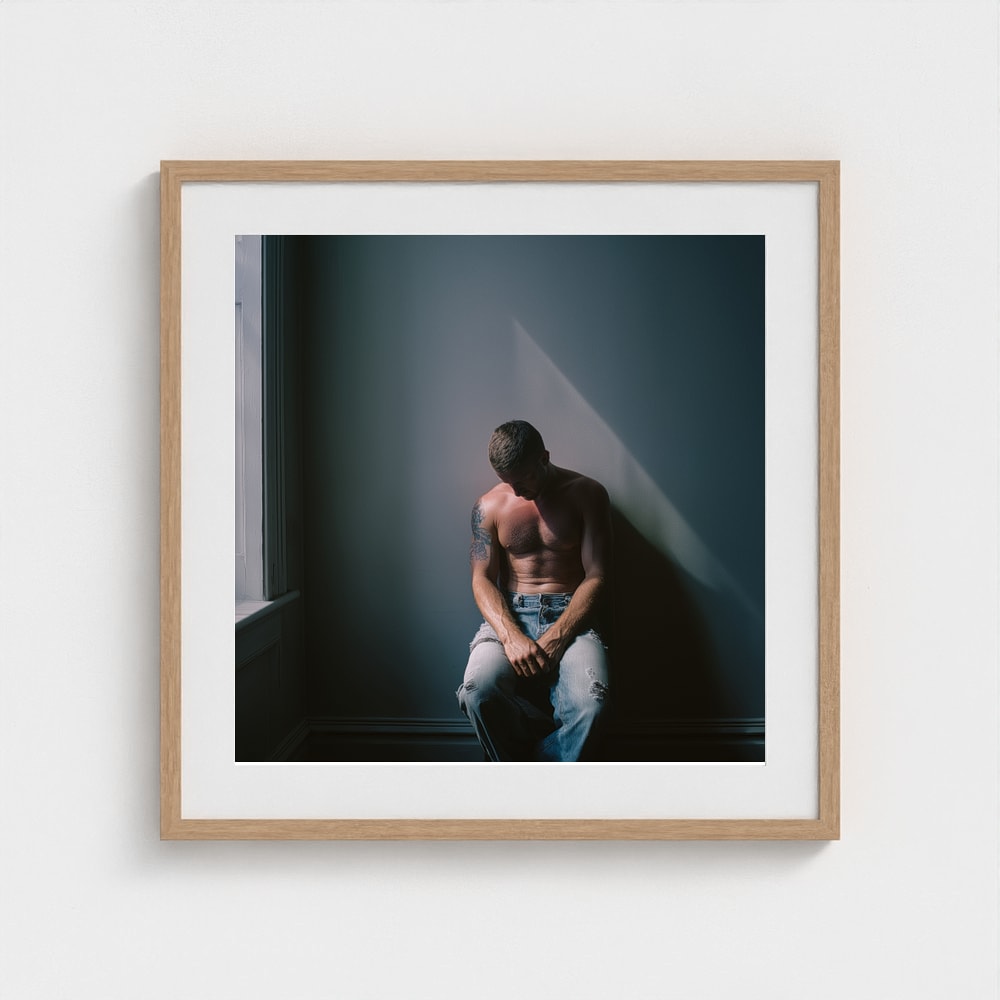 Contemplative Male Portrait Art Print in a 24x24 natural wood square frame