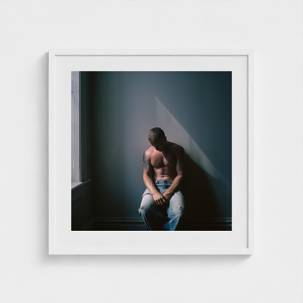 Contemplative Male Portrait Art Print in a 24x24 white square frame