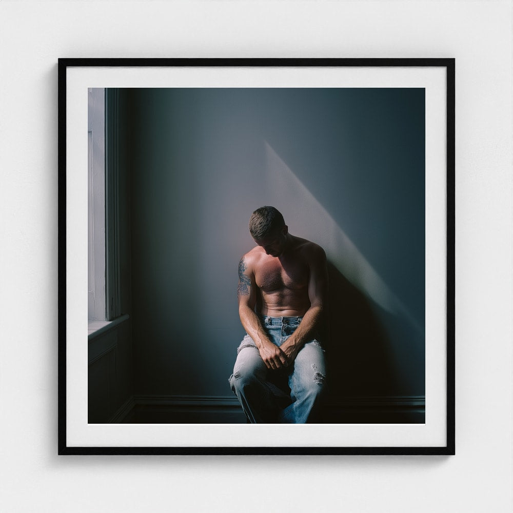 Contemplative Male Portrait Art Print in a 36x36 black square frame displayed in a stylish interior