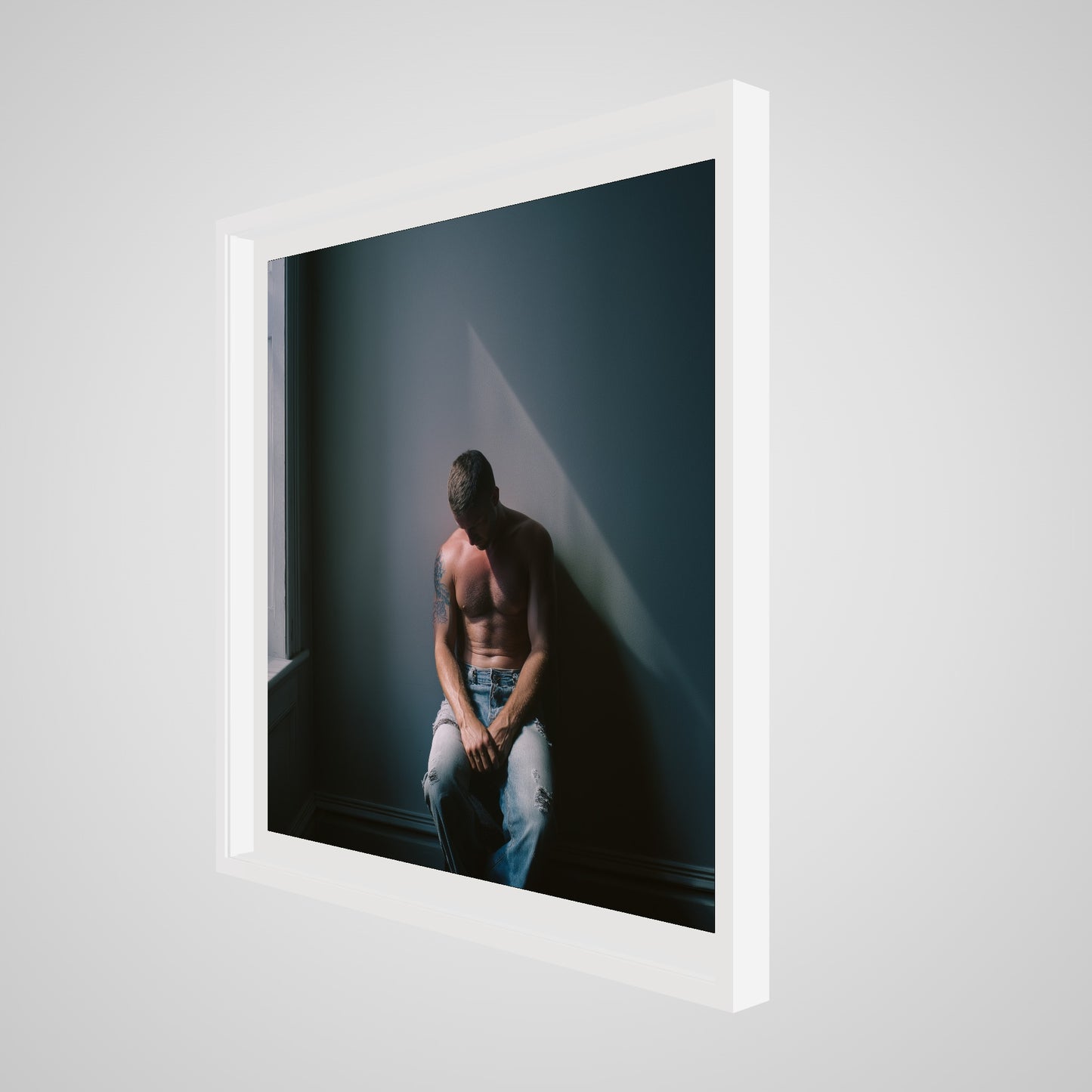 Angled view of Contemplative Male Portrait Art Print in a 36x36 deep white square spacer frame