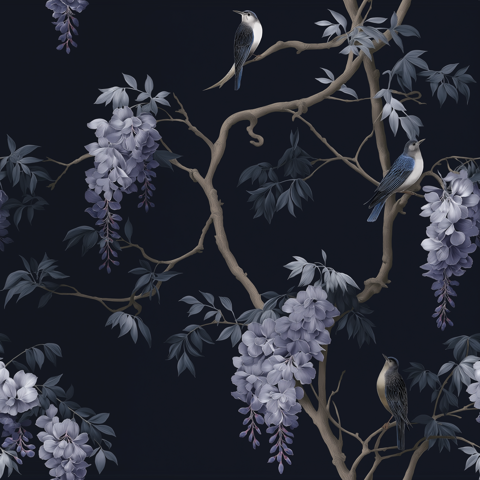 High-resolution flat lay pattern graphic of the Wisteria and Swallows design in midnight blue