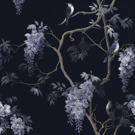 High-resolution flat lay pattern graphic of the Wisteria and Swallows design in midnight blue