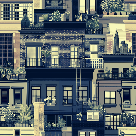 Atmospheric styled render showing Cream West Village Rooftops wallpaper.