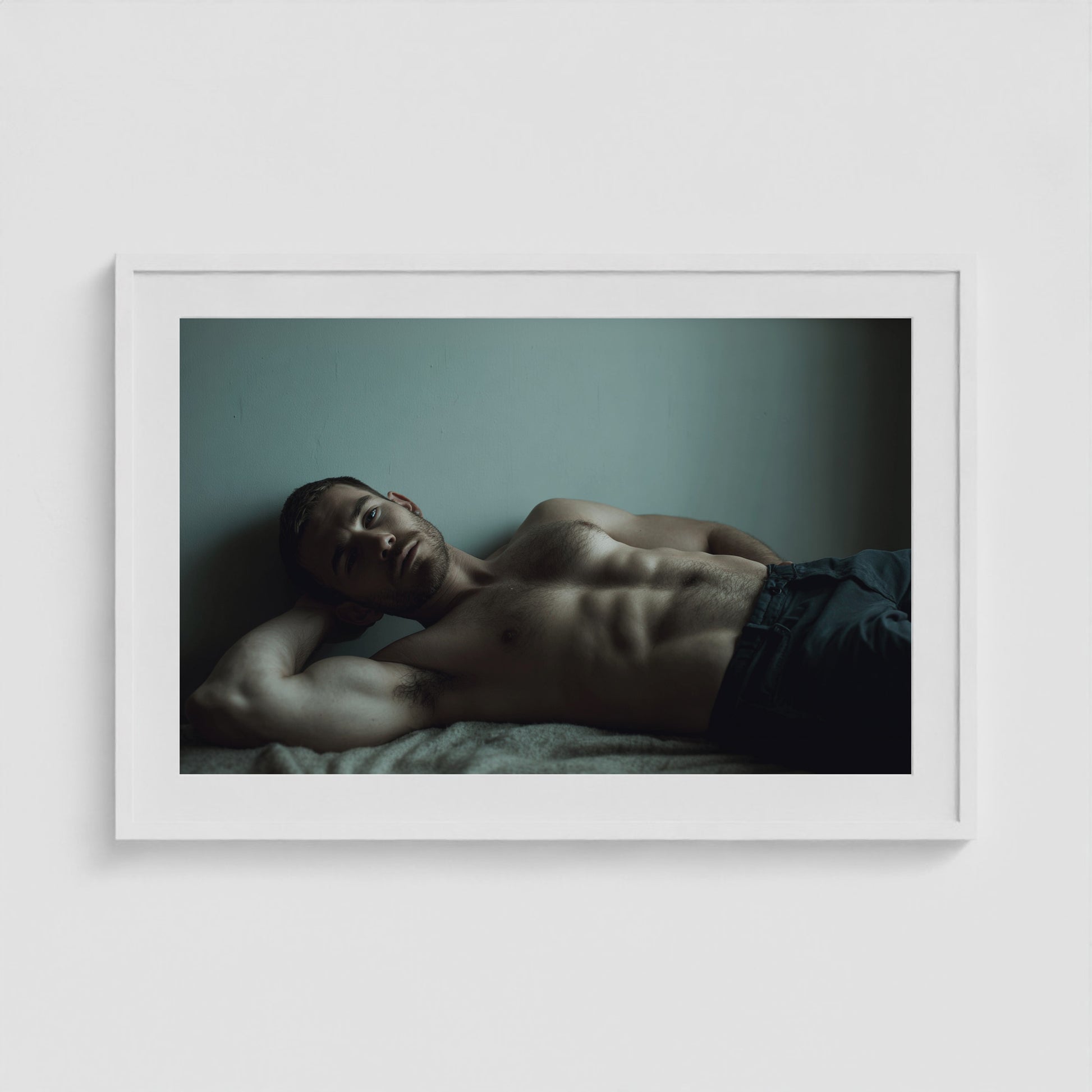 Young Man Lounging 36x24 White Landscape Box Frame