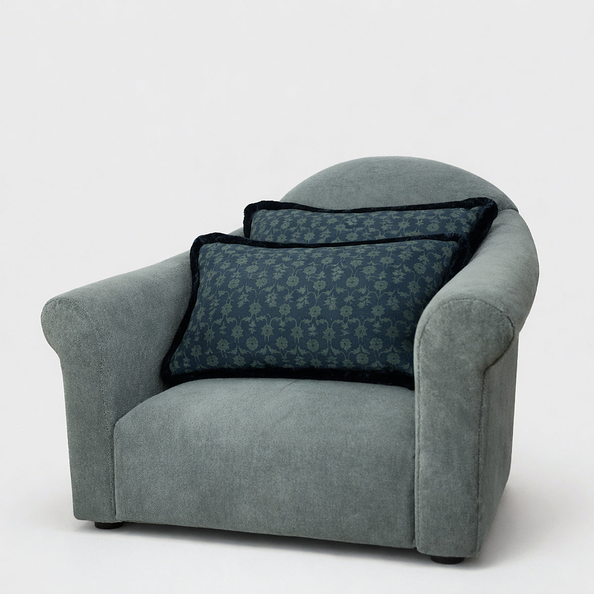 Close up detail of Zak + Fox Damask with Samuel and Sons Brush Trim Lumbar Pillows | Provenance & Patina