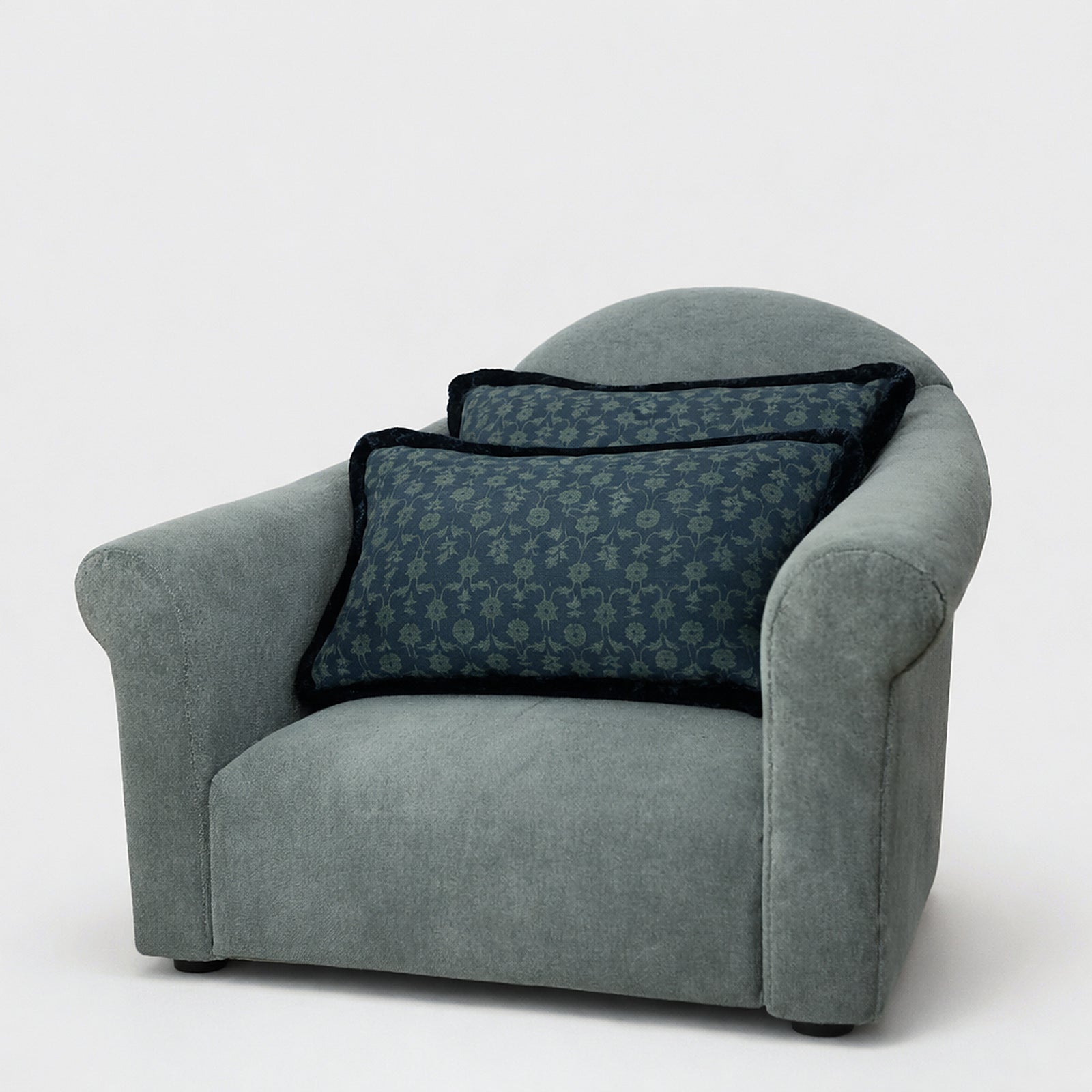 Close up detail of Zak + Fox Damask with Samuel and Sons Brush Trim Lumbar Pillows | Provenance & Patina
