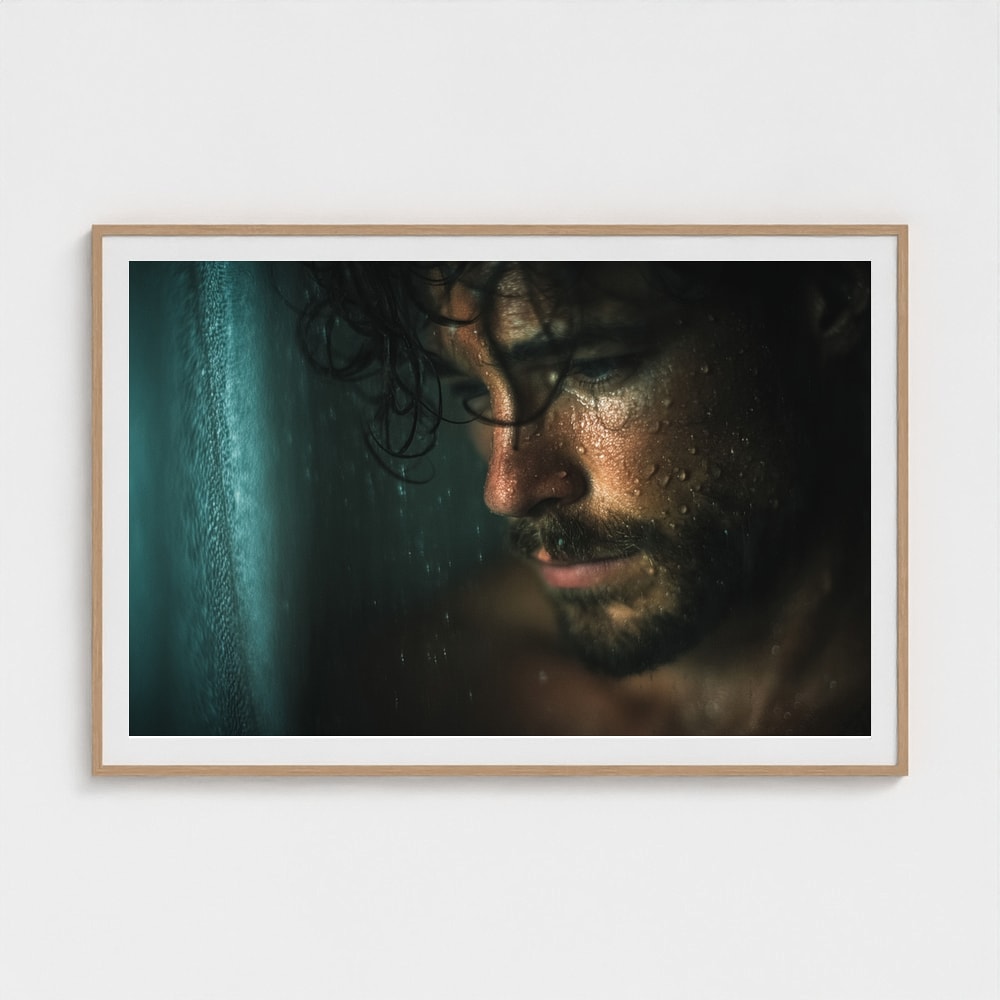 Contemplative Shower Portrait in Soft Grey Tones