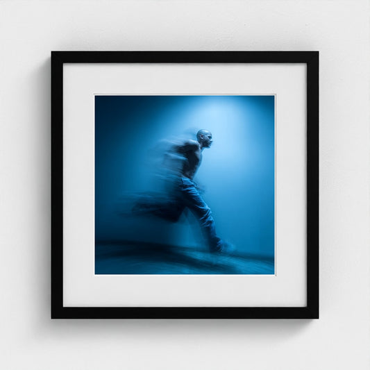 Dynamic Motion Portrait in Soft Blue Denim Tones