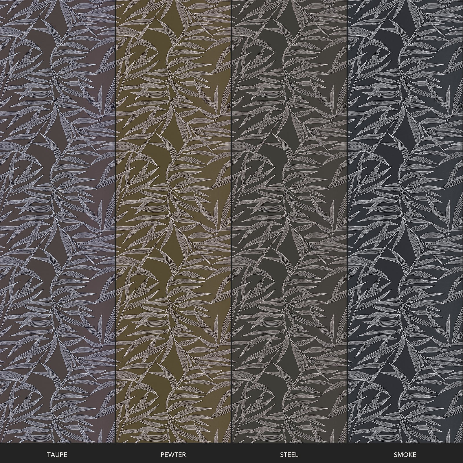 Four mineral colorway swatches of the bamboo wallpaper collection shown side-by-side.