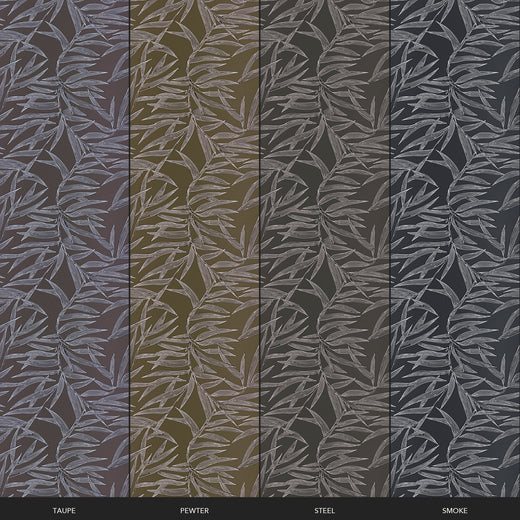 Four mineral colorway swatches of the bamboo wallpaper collection shown side-by-side.