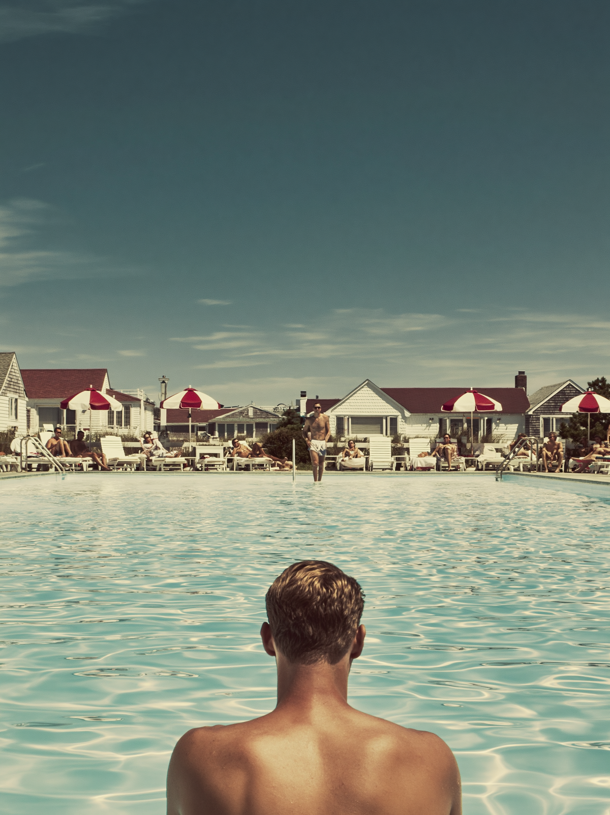 3D Source Artwork - Beach Club poolside scene with swimmers and striped umbrellas