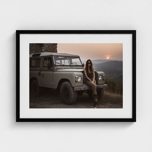 Woman on Land Rover at Sunset in Khaki Tones